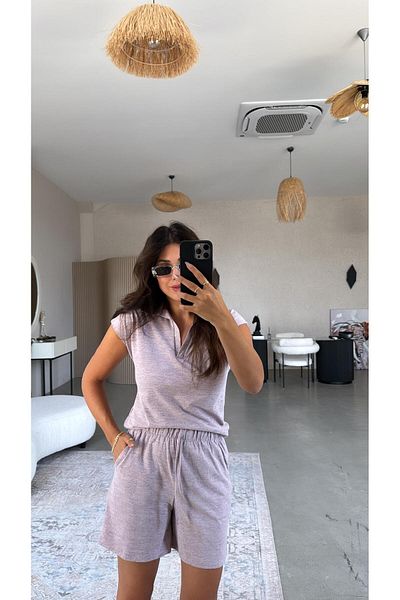 Buket Teke Lilac Shorts Polo Neck Tshirt Set