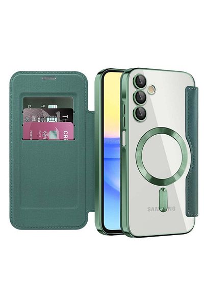 SKYDDAR INNOVATION Case for Samsung Galaxy A15 4G 5G, SmartMag Book, Magsafe, RFiD, Card Holder, sticker set, Green