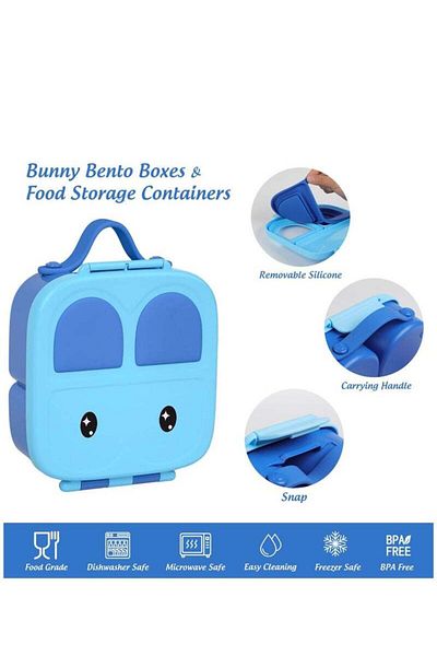 COOYA Children's Plastic Bento Box With Thermos,Portable Lunch Box,4 Compartments,Removable Divider (Blue)