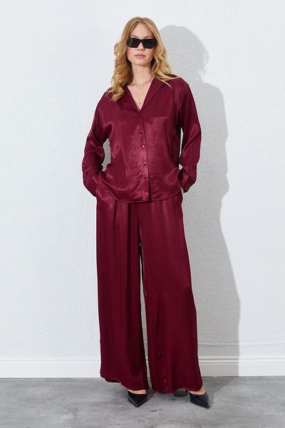 EDITION WOMAN Burgundy Rubber Waist, Draped Satin Palazzo Pants |   Ek1006618511
