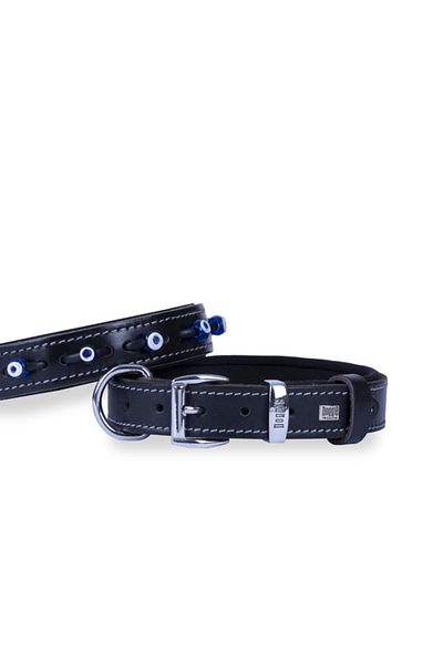 Doggie طوق كلب من الجلد المريح مزين بالخرز على شكل عين الشر أسود متوسط 3x42-50 سم