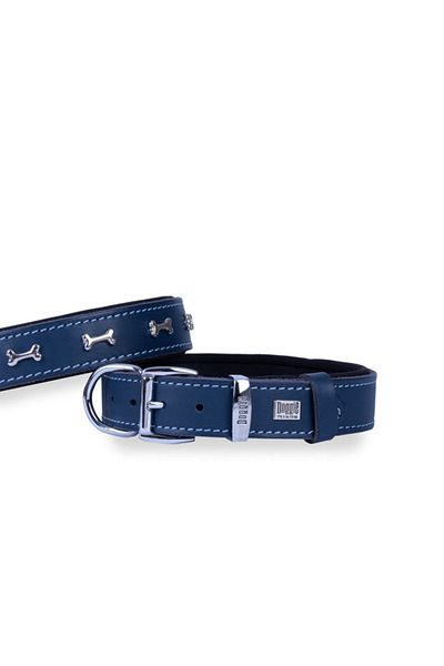 Doggie طوق كلب مزين بالعظام من الجلد المريح أزرق متوسط 2.5x37-45 سم