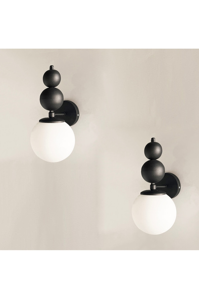 gaziantepavize Florida Siyah Kasa Beyaz Glop Camlı Metal Pilli Aplik - 2 Adet - Özel Tasarım Lamba ve Pil Dahil