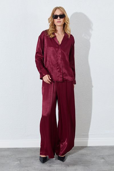 EDITION WOMAN Burgundy Rubber Waist, Draped Satin Palazzo Pants |   Ek1006618511