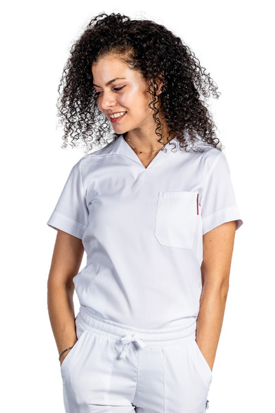 Doctor White stretch polo medical suit, with V-neck blouse and jogger pants, with drawstring and elastic