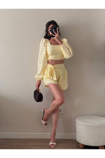 LOCH BUTİK Women's Yellow Embroidered Shorts Double Set