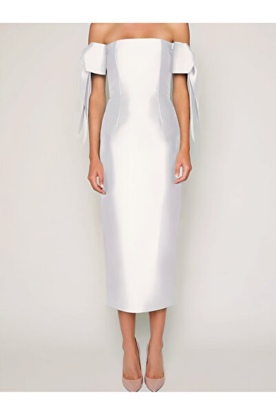 DADUCOLLECTİON Beyaz Fiyonk Detaylı Midi Elbise