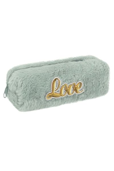 OEM Mint Green Faux Fur Pencil Case with Rhinestones