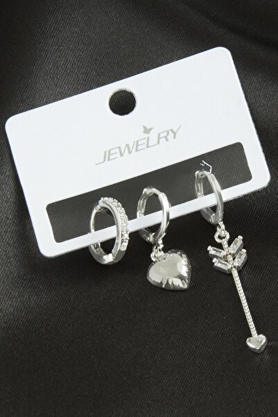ZERO LAND Hn-Shop 3 Pcs Heart Zircon Stone Earrings-Silver Color