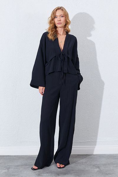 EDITION WOMAN Black High Waist, Draped and Wide Leg Palazzo Pants |   Ek1001850511