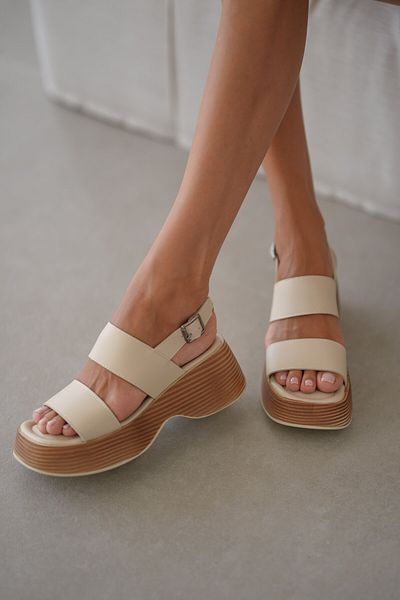 selinshoes Sandale pentru femei Holy cu toc gros, cu două benzi și curea la glezna - BEJ