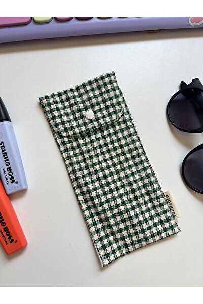 sumicorn Dark Green Gingham Washable Linen Snap Detail Glasses Case Glasses Bag Pen Holder