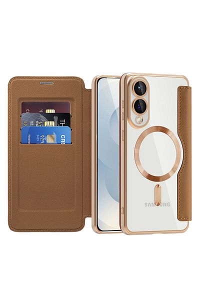 SKYDDAR INNOVATION Case for Samsung Galaxy S25 Edge, SmartMag Book, Magsafe, RFiD, Card Holder, sticker set, Brown