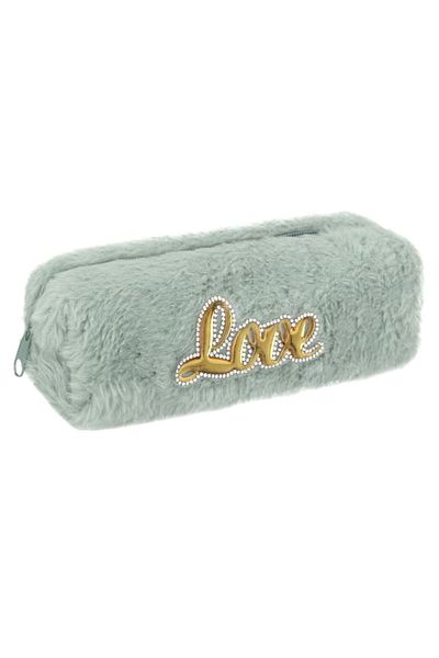 OEM Mint Green Faux Fur Pencil Case with Rhinestones