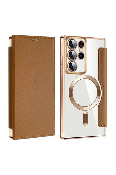 SKYDDAR INNOVATION Case for Samsung Galaxy S22 Ultra, SmartMag Book, Magsafe, RFiD, Card Holder, sticker set, Brown