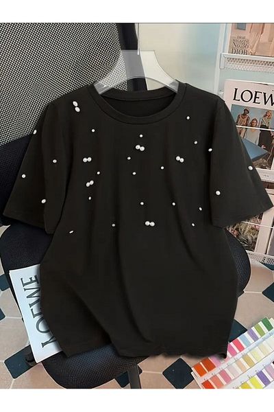 Pulli Collection Дамска тениска с кръгло деколте и детайли в бяло с перли