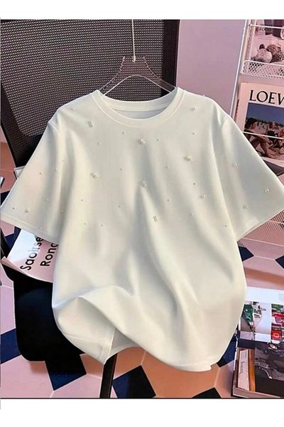Pulli Collection Дамска тениска с кръгло деколте и детайли в бяло с перли