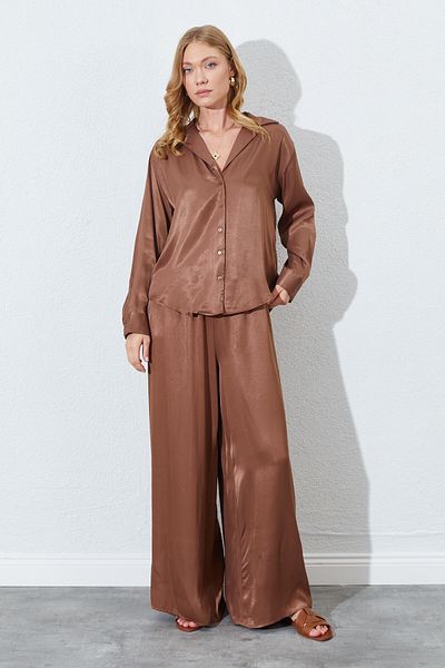EDITION WOMAN Coffee Rubber Waist, Draped Satin Palazzo Pants |   Ek1006618511
