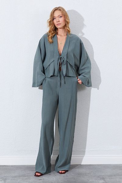 EDITION WOMAN Khaki High Waist, Draped and Wide Leg Palazzo Pants |   Ek1001850511