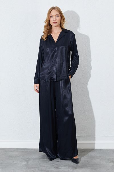 EDITION WOMAN Black Rubber Waist, Draped Satin Palazzo Pants |   Ek1006618511