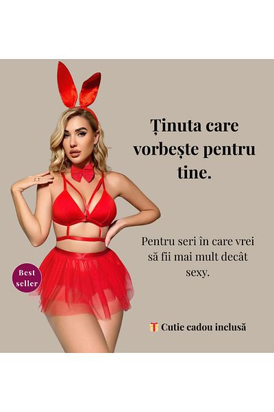 OBRO Sexy Playboy Bunny Costume - Set with Bra, Skirt, Ears, Bow Tie, Roleplay + Gift Wrapping, Red