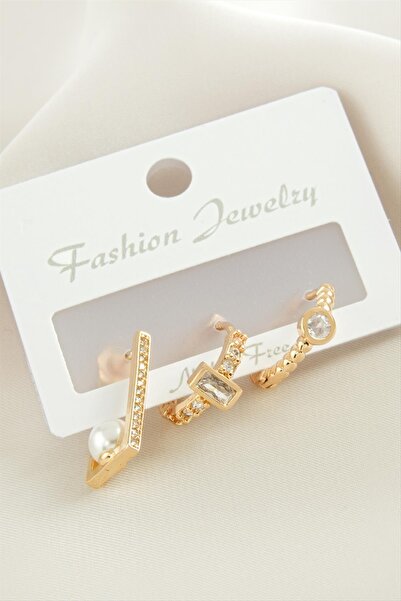 ZERO LAND Msa-Shop 3 Pcs Rectangle Pearl Zircon Stone Earrings-Yellow