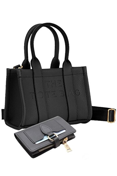 Givenza Kadın Siyah The Tote Bag El ve Omuz Çantası + Kartlıklı Cüzdan 2’li K...