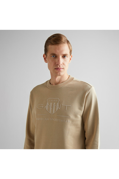 Gant Erkek Bej Regular Fit Bisiklet Yaka Logolu Sweatshirt