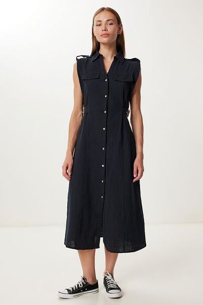 Lovelyİstanbul Belt Detailed Midi Linen Dress Ldp0069 Black