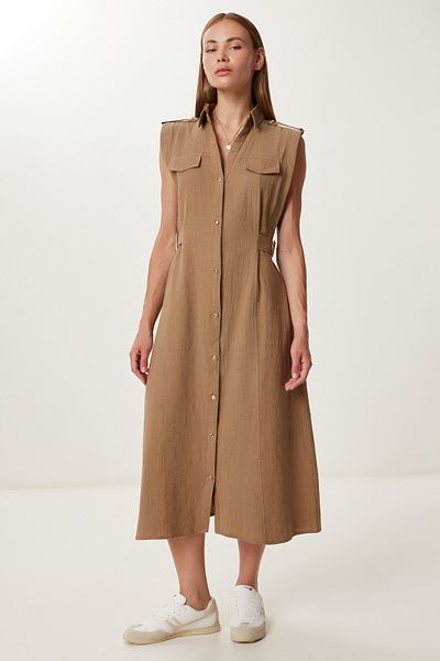 Lovelyİstanbul Belt Detailed Midi Linen Dress Ldp0069 Mink