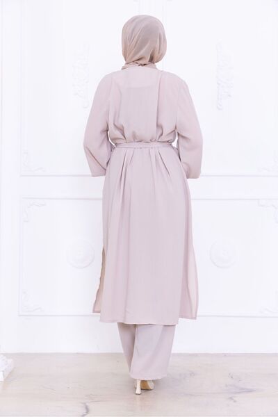 TESETTÜR FERACE GİYİM Mink Linen Double Suit with Sleeve Detail and Belt
