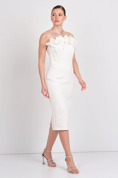Balen Abiye Balen Women's Strapless and Floral Detailed Bodice Midi Evening Dress 5113 Ecru