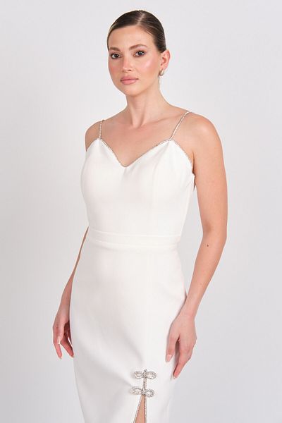 Balen Abiye Balen Women's Strap Crepe Fabric Midi Evening Dress 5102 Ecru