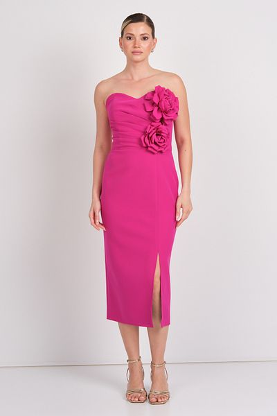 Balen Abiye Balen Women's Strapless Crepe Fabric Rose Detailed Midi Evening Dress 5103 Fuchsia