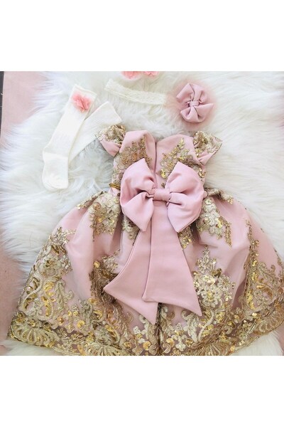 sara tasarım Pembe Dantelli Uzun 6 AY Elbise Royal