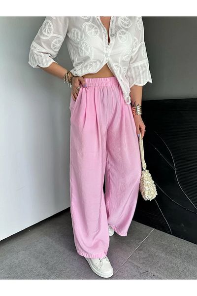 Lavanta Tekstil Pink Loose Cut Elastic Waist Trousers