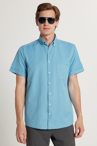 Tudors Men's Classic Regular Fit Relaxed Fit Button down Sport Collar Oxford Cotton Short Sleeve Blue Shirt