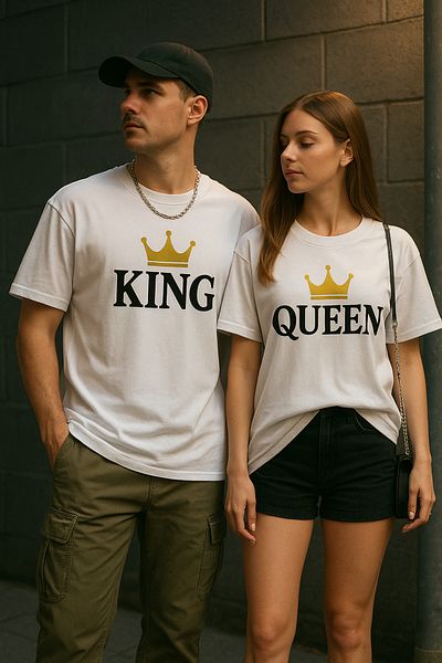 ocke King Queen Crown Printed Couple T-Shirt 2 Pieces Are Printers for the Size of the Smaller One.