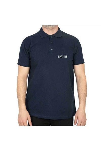 Z zepplin Led Zepplin Logo Polo Neck Navy Blue T-Shirt