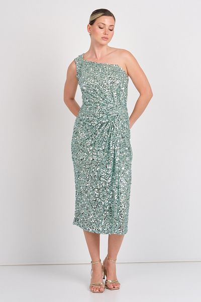 Balen Abiye Rochie de seară midi cu paiete, cu un singur umăr, cu paiete, 5118 Mint