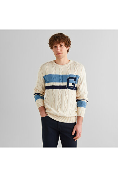 Gant Erkek Krem Relaxed Fit Bisiklet Yaka Renk Bloklu Kazak