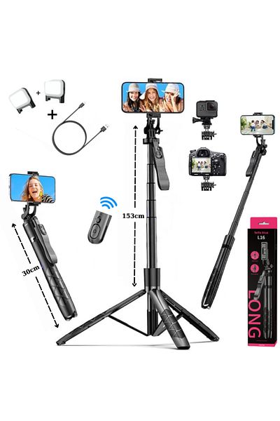 RaSteff Selfie Stick 2in1 RaSteff, Trepied telescopic,Telecomanda Bluethoot Detasabila, 2 Lumini LED + Cablu