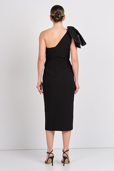 Balen Abiye Balen Kadın Tek Omuz Detaylı Yırtmaçlı Midi Abiye Elbise 5101 Siyah