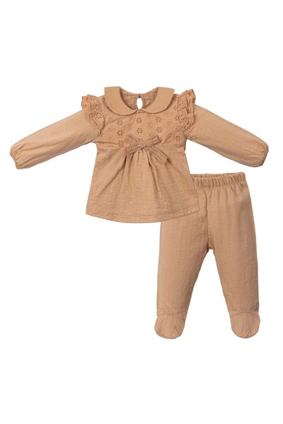 NECİXS BEBEE Firfirli Lace Bluz Pants Set Beige