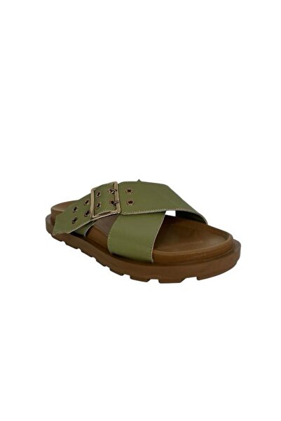 KEMAL TANCA 862 M-701 Women's Khaki Leather Slippers
