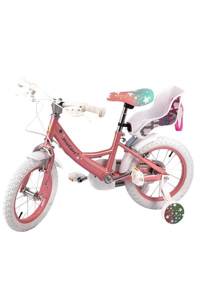 PROCART Bicicletă pentru copii cu roți de antrenament, 12 inch, scaun pentru păpuși, cadru din oțel, frâne V-Brake, unicorn roz