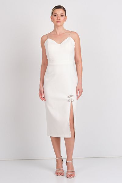 Balen Abiye Balen Women's Strap Crepe Fabric Midi Evening Dress 5102 Ecru