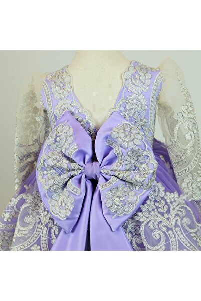 sara tasarım Kız Çocuk için Lila Mor Uzun Kollu Dantelli 4 yaş Elbise