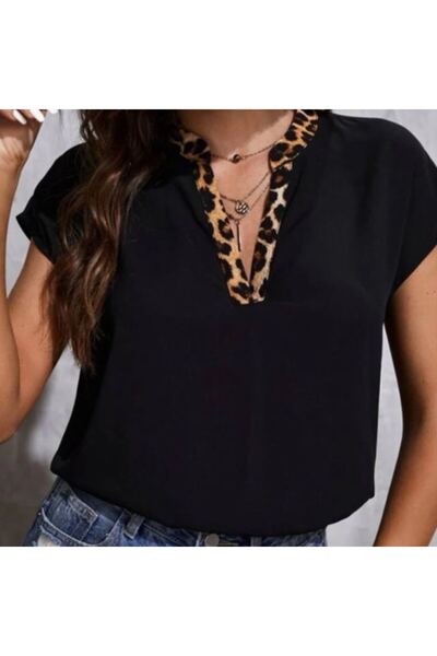 POLO BONETTA ÖZGÜ GİYİM BUTİK HAKİM YAKA YARIM PATLI LEOPAR GARNİLİ KADIN ŞIK...