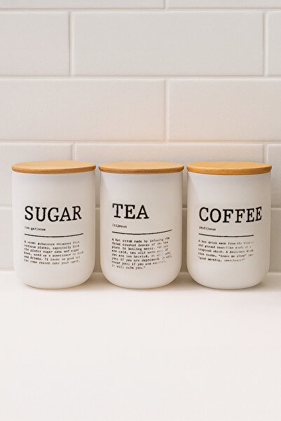 Kitchen Life Set of 3 Vacuum Bamboo Lid White Tea Coffee Sugar Jars 900 ml - Tea, Sugar, Coffee Jars